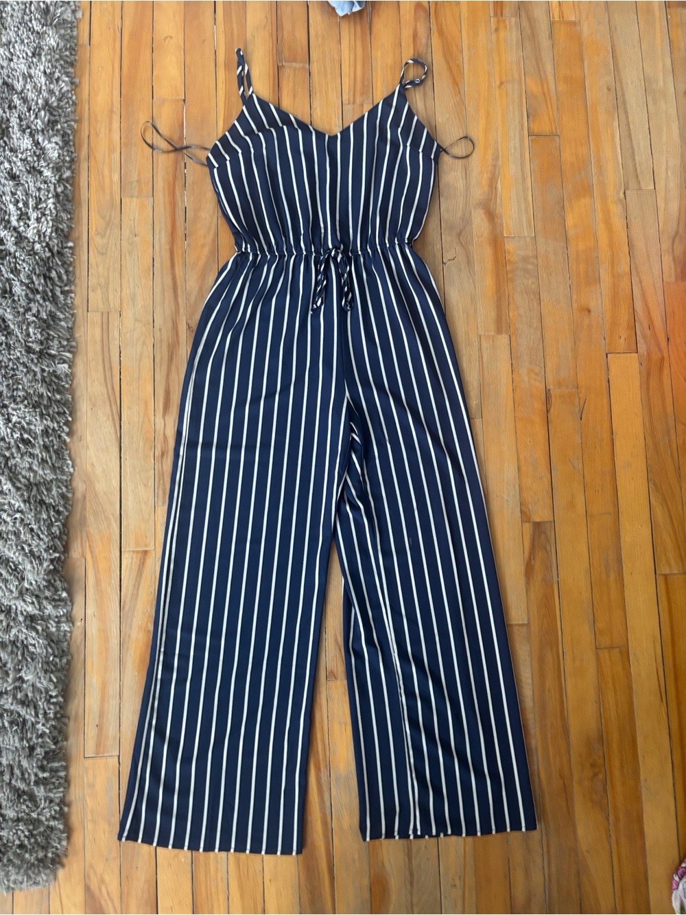 Navy Striped Sleeveless Jumpsuit with Drawstring Waist